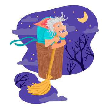 Baba Yaga from Russian fairy tales. A terrible old woman, flying in a wooden mortar with a broom. Witch. Vector illustration