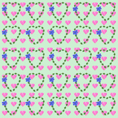 decorative pattern of hearts and flowers on a colored background