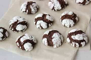 Cracked chocolate chip cookies in powdered sugar.