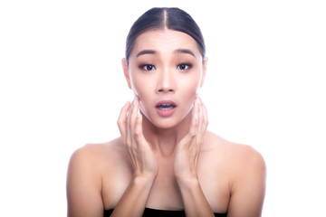 Beautiful Young Asian Woman with Clean Fresh Skin isolate on white background. Spa, Face care, Facial treatment, Beauty and Cosmetics concept. Very Shock face.