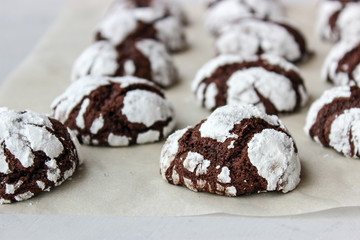 Cracked chocolate chip cookies in powdered sugar.