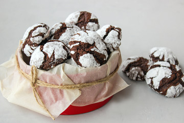 Cracked chocolate chip cookies in powdered sugar.