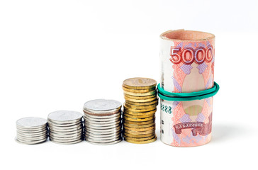 five thousand dollar bills rubles and coins