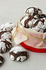 Cracked chocolate chip cookies in powdered sugar.