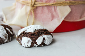 Obraz na płótnie Canvas Cracked chocolate chip cookies in powdered sugar.