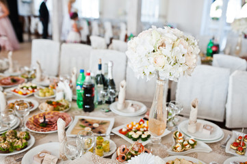 Beautiful wedding set decoration in the restaurant.