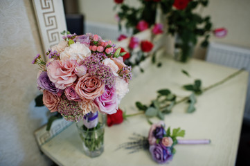 Beautiful wedding set decoration in the restaurant. Flowers on room.