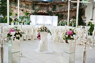 Beautiful wedding set decoration in the restaurant.