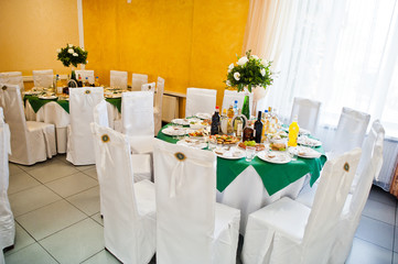Beautiful wedding set decoration in the restaurant.