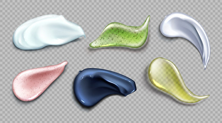 Cosmetic cream and scrub smear realistic set of vector illustrations. Gel, scrub with small particles and grains, cosmetic face mask or serum texture smudge swatch isolated on transparent background