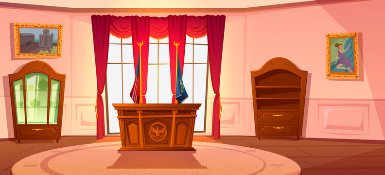 Oval cabinet with furniture, office interior for President United States workplace in official residence White House, desk and wooden bookcase, national flag, paintings on wall, red curtains on window
