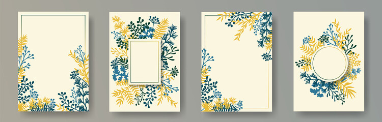 Watercolor herb twigs, tree branches, leaves floral invitation cards templates. Plants borders creative cards design with dandelion flowers, fern, lichen, olive tree leaves, savory twigs.
