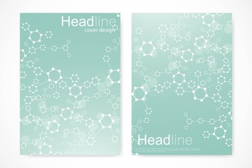 Vector templates for brochure magazine leaflet flyer cover booklet annual report. Modern futuristic hexagonal pattern with particle, molecule structure for medical, technology, chemistry, science.