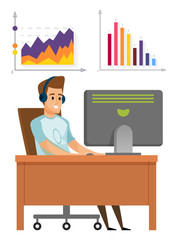 Worker character using computer, diagram report and monitor. Portrait view of smiling male wearing headset and casual clothes working with pc, hobby vector