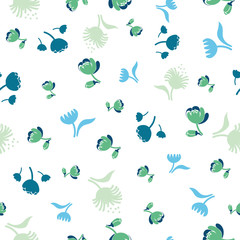 A seamless vector pattern withgreen and blue tulip flowers on a white background. Romantic girly surface print design. Great for fabrics, cards and gift wrap.