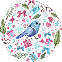 Circle Christmas composition with a blue bird, presents, bows, tree branches, stars, hearts. Watercolor illustration.