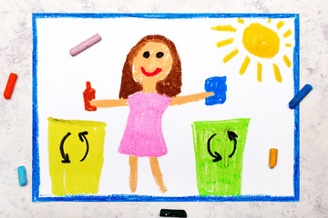 Obraz na płótnie Canvas Photo of colorful drawing: Waste separation. Smiling girl segregating their garbage to different colored trash bins. Waste sorting to help safe the planet