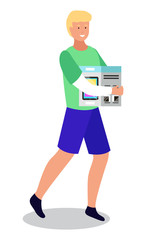 Male character carrying purchase from electronics store. Shopping personage with smile on face. Teenager boy using discounts while buying smartphone gadget. Client of shop, vector in flat style