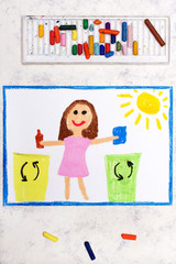 Photo of colorful drawing:  Waste separation. Smiling girl segregating their garbage to different colored trash bins. Waste sorting to help safe the planet