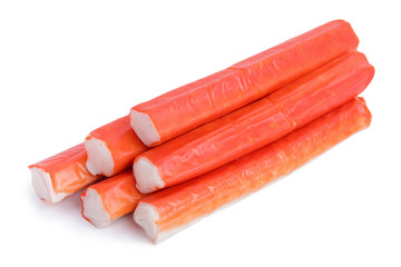 Pile of crab sticks isolated on white background