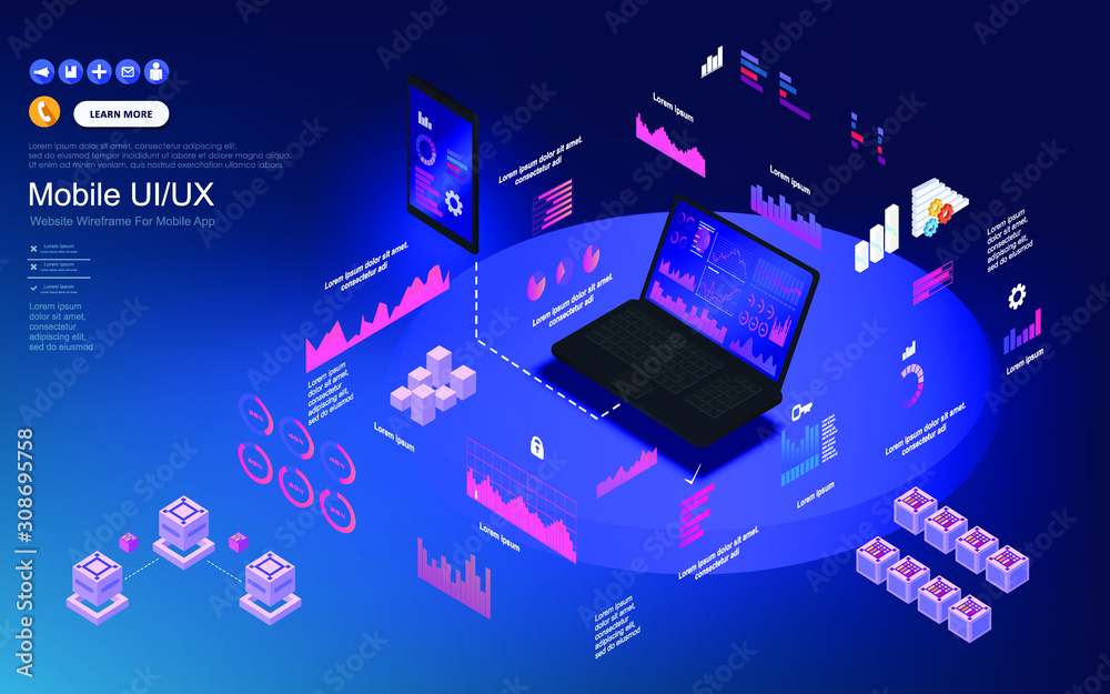 Poster application of laptop with business graph and analytics data on isometric laptop . analysis trends a