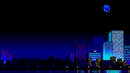 Futuristic night city. Downtown, digital cityscape with skyscrapers. Retrowave 80s-90s aesthetics. Pixel art game location. Old style video game. Copy space