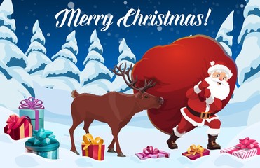 Santa with Christmas gift bag and reindeer vector design of Xmas winter holidays. Claus and deer carrying red sack of presents, festive boxes with ribbons and bows, snowy forest trees of pine and fir