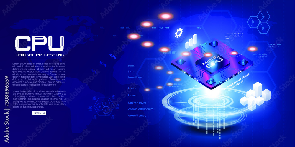 Poster futuristic projection of the microchip of the future. 3d closeup of cpu for web design. concept with