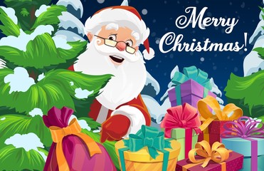 Santa with Christmas tree and Xmas gifts vector greeting card. Claus with red hat and bag, present boxes, ribbon bows and snowflakes, pine or fir trees and winter holiday night forest