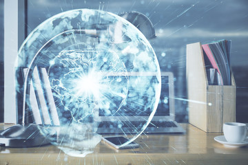 Multi exposure of business theme icons and work space with computer background. Concept of success.