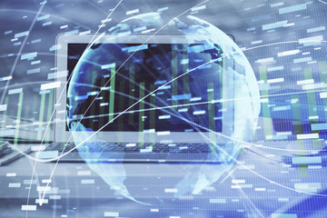 Multi exposure of business theme icons and work space with computer background. Concept of success.