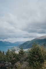 Amazing view from Queenstown hills with snow capped mountains and pine forest.