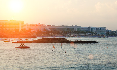 Fig Tree Beach in Protaras on sunset. One of the popular beaches in Europe.