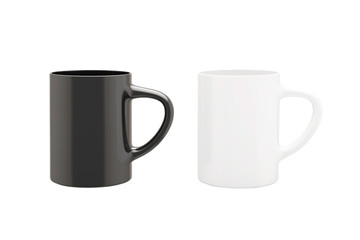 Black and white ceramic mug isolated on a white background, cup for drinks, tea and coffee, mockup for advertising and design. 3d illustration.
