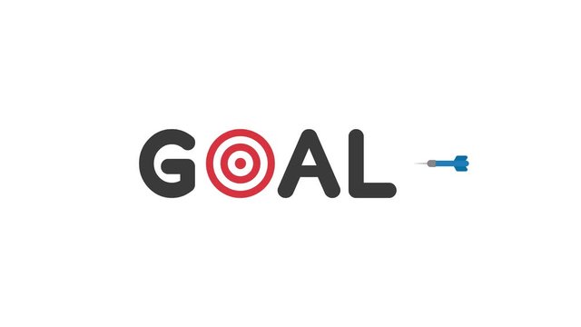 Animation of goal word with bulls eye and dart hit the target, white background.