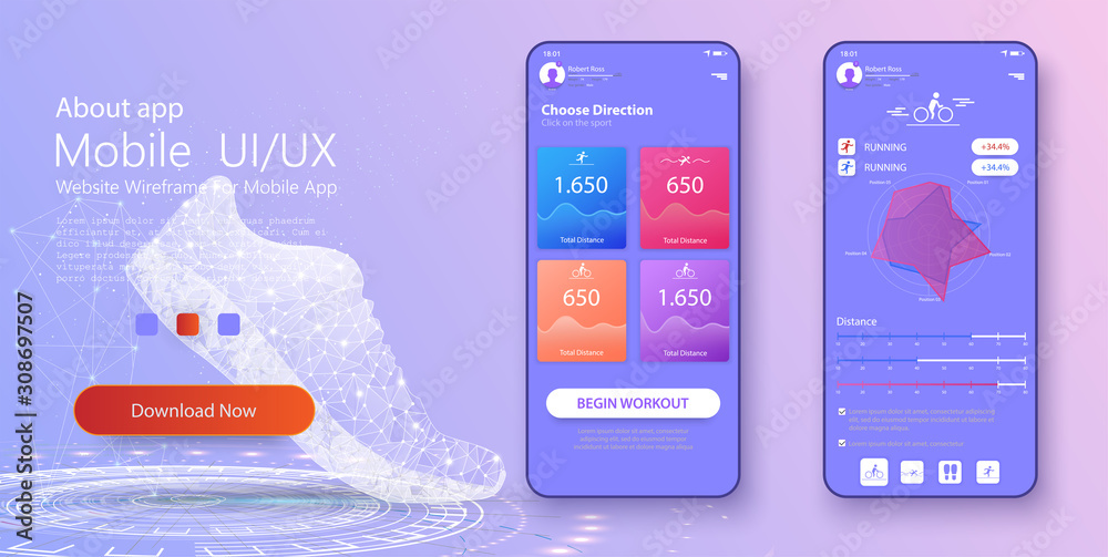 Poster Different UI, UX, GUI screens fitness app and flat web icons for mobile apps, responsive website including. Web design and mobile template. Fitness interface design for mobile application. Vector