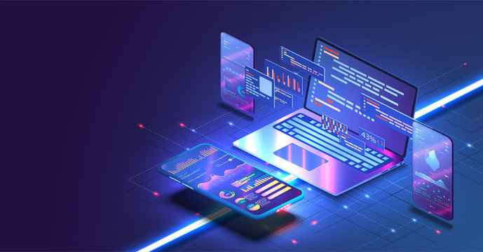 Application of Smartphone with business graph and analytics data on  isometric mobile phone. Analysis trends and software development coding  process concept. Programming, testing cross platform code Stock Vector |  Adobe Stock