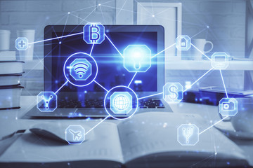 Computer on desktop with social network theme icon. Multi exposure. Concept of international connections.