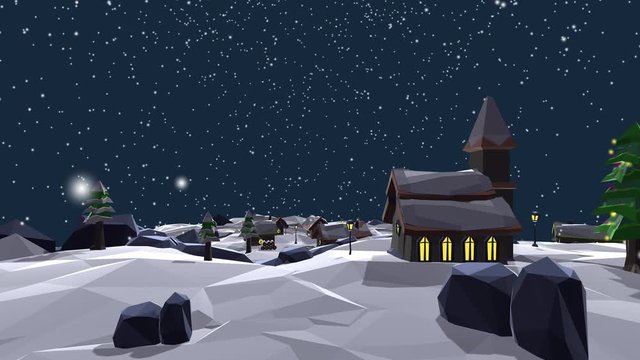 Village in winter, landscape with snowfall, low poly