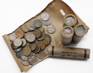 Sealed and open roll with 1 wheat  cent coins