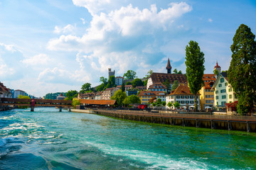 Spreuer Bridge and Reuss River in City of Lucerne, Switzerland.