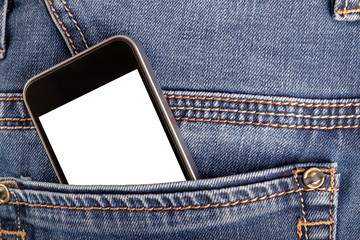 Mock up with smartphone in back jeans pocket. Blank space for your advertising or text on display.