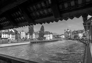 Spreuer Bridge and Reuss River in City of Lucerne, Switzerland.