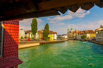 Spreuer Bridge and Reuss River in City of Lucerne, Switzerland.