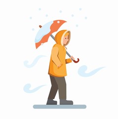 people walking in snow fall wear yellow jacket with umbrella, male cartoon character frozen in snowy weather, flat illustration vector