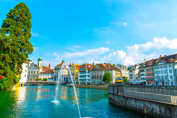 Reuss River and City of Lucerne in Switzerland.