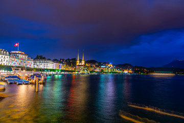 Cityscape and Lake Lucerne in Long Exposure at Night in Switzerland.
