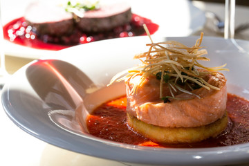 salmon steak with potato pancake