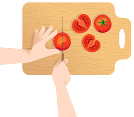 Woman's hands slicing a tomatoe with a knife on wooden cutting board - flat lay.