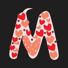 A letter M with red and pink doodle hearts isolated on black background, a vector stock illustration with romantic font letters for Valentine's day, anniversary, love date, wedding
